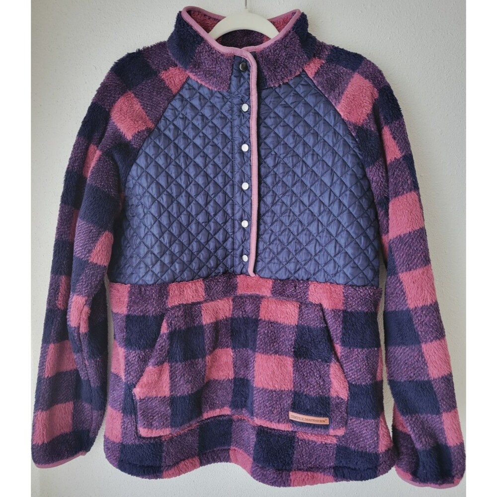 Simply Southern Women's Large Buffalo Plaid Sherpa Pullover Quilted Snap Fleece